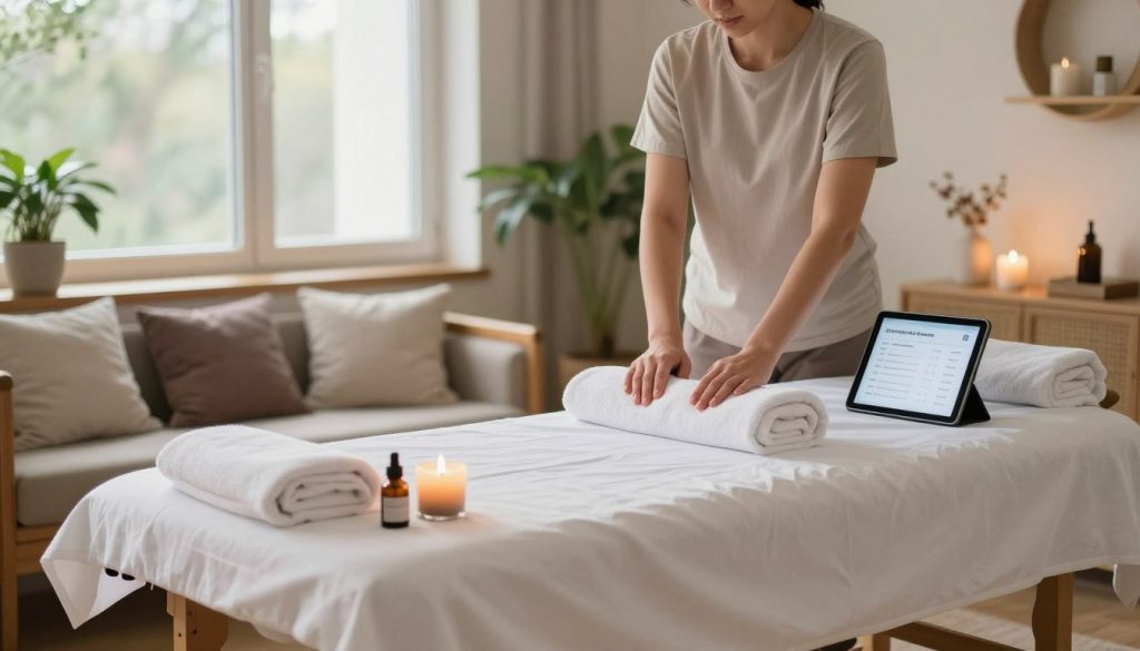 A serene home setting in Istanbul for a massage therapy session. In the foreground, a neatly arranged massage table covered with a soft, crisp white sheet, surrounded by aromatic candles and essential oils. A soothing decor featuring plants and soft cushions, providing a tranquil atmosphere. In the middle ground, a professional massage therapist in modest casual clothing prepares to create a peaceful environment, laying out towels, massage oils, and a tablet showing a scheduled appointment for Butique Massage services. The background features a softly lit room with large windows allowing natural light to pour in, enhancing the serene mood. The overall atmosphere is calm and inviting, perfect for relaxation.