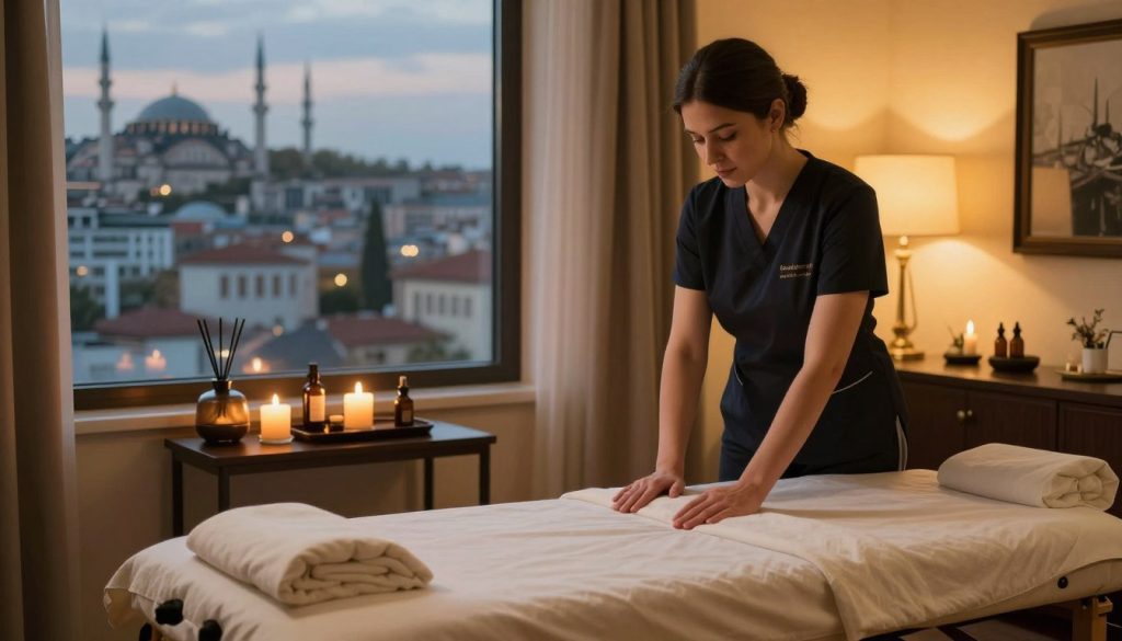 A serene hotel room in Istanbul, softly lit with warm ambient lighting. In the foreground, a professional mobile massage therapist, dressed in smart casual attire, is setting up a massage table with soft linens and aromatic oils. In the middle ground, a simple yet elegant setup includes candles and a calming essential oil diffuser, enhancing the tranquil atmosphere. The background features a window with a view of Istanbul’s skyline, showcasing a blend of historical and modern architecture under a twilight sky. The overall mood is peaceful and inviting, capturing the essence of a luxury hotel-room massage experience. A subtle branding element, "Butique Massage," can be integrated into the decor, suggesting a focus on quality and relaxation. A serene hotel room in Istanbul, softly lit with warm ambient lighting. In the foreground, a professional mobile massage therapist, dressed in smart casual attire, is setting up a massage table with soft linens and aromatic oils. In the middle ground, a simple yet elegant setup includes candles and a calming essential oil diffuser, enhancing the tranquil atmosphere. The background features a window with a view of Istanbul’s skyline, showcasing a blend of historical and modern architecture under a twilight sky. The overall mood is peaceful and inviting, capturing the essence of a luxury hotel-room massage experience. A subtle branding element, "Butique Massage," can be integrated into the decor, suggesting a focus on quality and relaxation.