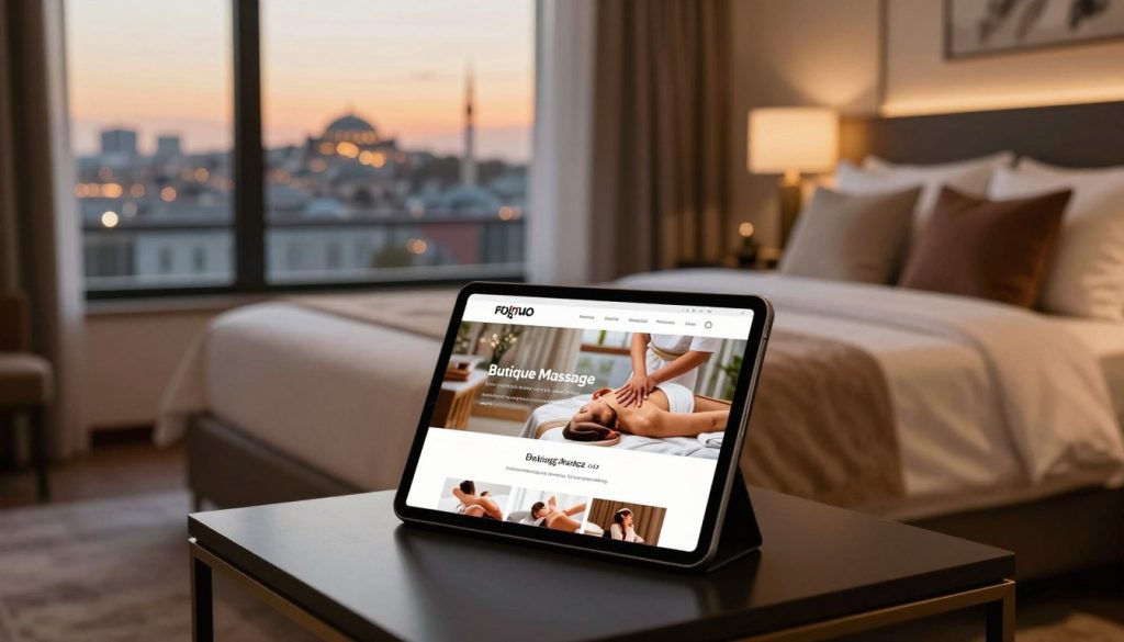 A serene hotel room setting in Istanbul, emphasizing the booking process for an in-room massage. In the foreground, a neatly arranged bedside table holds a luxurious tablet displaying the "Butique Massage" website with appealing visuals of massage services. In the middle ground, a plush bed adorned with soft linens and decorative cushions hints at relaxation. In the background, large windows reveal a stunning view of Istanbul's skyline, softly lit by the warm glow of sunset. The atmosphere is calming and inviting, with soft, ambient lighting to enhance the serene mood. The scene captures a sense of tranquility and comfort, ideal for guests seeking rejuvenation in a luxurious environment. A serene hotel room setting in Istanbul, emphasizing the booking process for an in-room massage. In the foreground, a neatly arranged bedside table holds a luxurious tablet displaying the "Butique Massage" website with appealing visuals of massage services. In the middle ground, a plush bed adorned with soft linens and decorative cushions hints at relaxation. In the background, large windows reveal a stunning view of Istanbul's skyline, softly lit by the warm glow of sunset. The atmosphere is calming and inviting, with soft, ambient lighting to enhance the serene mood. The scene captures a sense of tranquility and comfort, ideal for guests seeking rejuvenation in a luxurious environment.