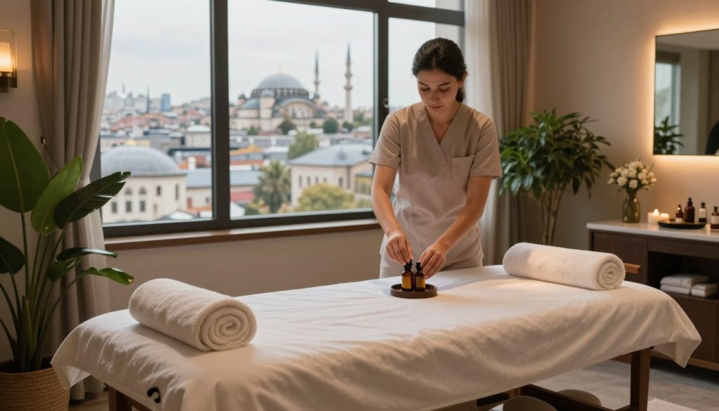 A serene hotel spa scene in Istanbul, focusing on a luxurious massage room. In the foreground, a massage table is elegantly set with rolled towels and soft lighting casting a warm glow. In the middle ground, a professional massage therapist in modest attire prepares essential oils, emphasizing a calming atmosphere. The background features large windows showcasing the iconic Istanbul skyline, with subtle hints of historical architecture like mosques and palaces. The room is adorned with green plants and soothing decor, evoking tranquility. Highlight the brand 'Butique Massage' subtly in the decor. Capture the essence of relaxation and wellness, with soft, diffused lighting, aiming for a peaceful and inviting mood.