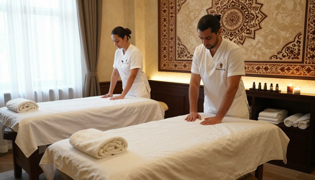 A serene hotel spa setting in Istanbul, showcasing a luxurious massage room designed for relaxation. The foreground features a neatly arranged massage table with soft, white linens and aromatic candles. A small shelf displays essential oils and towels. In the middle, trained therapists in professional attire are preparing the space, exuding calm and professionalism. The background reveals intricate Turkish decor, with ornate patterns and warm lighting that creates a tranquil atmosphere. Soft natural light filters through sheer curtains, illuminating the peaceful environment. The scene reflects the essence of professionalism and etiquette associated with hotel massages, highlighting the brand name "Butique Massage" subtly within the decor. The mood is serene, inviting, and respectful, perfect for guiding international visitors on massage etiquette. A serene hotel spa setting in Istanbul, showcasing a luxurious massage room designed for relaxation. The foreground features a neatly arranged massage table with soft, white linens and aromatic candles. A small shelf displays essential oils and towels. In the middle, trained therapists in professional attire are preparing the space, exuding calm and professionalism. The background reveals intricate Turkish decor, with ornate patterns and warm lighting that creates a tranquil atmosphere. Soft natural light filters through sheer curtains, illuminating the peaceful environment. The scene reflects the essence of professionalism and etiquette associated with hotel massages, highlighting the brand name "Butique Massage" subtly within the decor. The mood is serene, inviting, and respectful, perfect for guiding international visitors on massage etiquette.