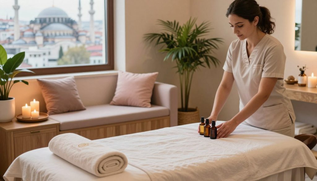 A serene in-room spa setting in Istanbul, featuring a therapist preparing a massage setup. In the foreground, the therapist, dressed in professional attire, arranges aromatic oils and soft towels on a massage table adorned with elegant linens. The middle layer showcases a cozy, well-lit space with soothing colors, including soft pastels and natural wood accents, complemented by candles and lush indoor plants. In the background, a window reveals glimpses of historic Istanbul architecture, hinting at a vibrant city outside. The lighting is warm and calming, emphasizing tranquility. The overall atmosphere is inviting and serene, perfect for relaxation, branded subtly with "Butique Massage" in the arrangement without any visible text. A serene in-room spa setting in Istanbul, featuring a therapist preparing a massage setup. In the foreground, the therapist, dressed in professional attire, arranges aromatic oils and soft towels on a massage table adorned with elegant linens. The middle layer showcases a cozy, well-lit space with soothing colors, including soft pastels and natural wood accents, complemented by candles and lush indoor plants. In the background, a window reveals glimpses of historic Istanbul architecture, hinting at a vibrant city outside. The lighting is warm and calming, emphasizing tranquility. The overall atmosphere is inviting and serene, perfect for relaxation, branded subtly with "Butique Massage" in the arrangement without any visible text.