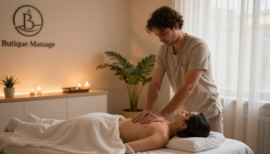 A serene interior of a massage therapy room in Istanbul, showcasing a professional deep tissue massage technique. In the foreground, a skilled therapist in modest casual clothing demonstrates the technique on a client lying on a treatment table, both appearing relaxed. The middle layer features elegant decor, warm, ambient lighting with soft shadows, and natural elements like plants and scented candles creating a tranquil atmosphere. In the background, delicate curtains filter sunlight, enhancing the calm environment. The scene evokes a sense of relaxation and professionalism, capturing the essence of a high-quality massage service. The logo "Butique Massage" is subtly integrated into the decor, adding a touch of branding without overpowering the image's focus on the technique. A serene interior of a massage therapy room in Istanbul, showcasing a professional deep tissue massage technique. In the foreground, a skilled therapist in modest casual clothing demonstrates the technique on a client lying on a treatment table, both appearing relaxed. The middle layer features elegant decor, warm, ambient lighting with soft shadows, and natural elements like plants and scented candles creating a tranquil atmosphere. In the background, delicate curtains filter sunlight, enhancing the calm environment. The scene evokes a sense of relaxation and professionalism, capturing the essence of a high-quality massage service. The logo "Butique Massage" is subtly integrated into the decor, adding a touch of branding without overpowering the image's focus on the technique.