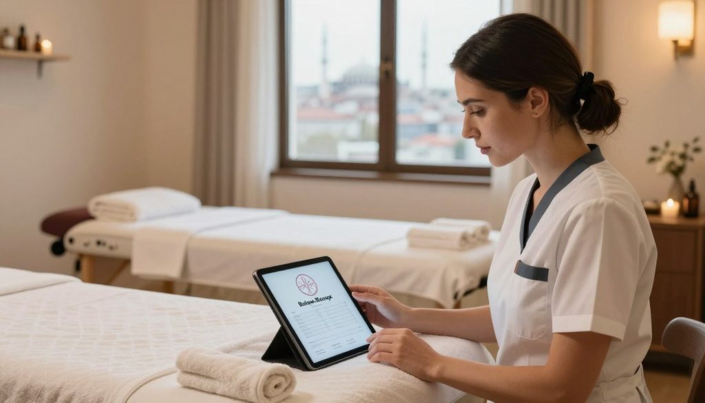 A serene interior scene capturing the essence of choosing the right mobile massage provider in Istanbul. In the foreground, a well-dressed female massage therapist in professional attire is thoughtfully reviewing client profiles on a tablet, showcasing a logo that reads “Butique Massage”. In the middle ground, a cozy, inviting massage space is depicted with soft, warm lighting and calming decor—think plush towels, essential oils, and a massage table set up. The background features a tasteful window with a view of Istanbul’s skyline, symbolizing the mobile aspect of the service. The mood is professional yet relaxing, evoking a sense of trust and comfort, ideal for guiding clients in their decision-making process. A serene interior scene capturing the essence of choosing the right mobile massage provider in Istanbul. In the foreground, a well-dressed female massage therapist in professional attire is thoughtfully reviewing client profiles on a tablet, showcasing a logo that reads “Butique Massage”. In the middle ground, a cozy, inviting massage space is depicted with soft, warm lighting and calming decor—think plush towels, essential oils, and a massage table set up. The background features a tasteful window with a view of Istanbul’s skyline, symbolizing the mobile aspect of the service. The mood is professional yet relaxing, evoking a sense of trust and comfort, ideal for guiding clients in their decision-making process.