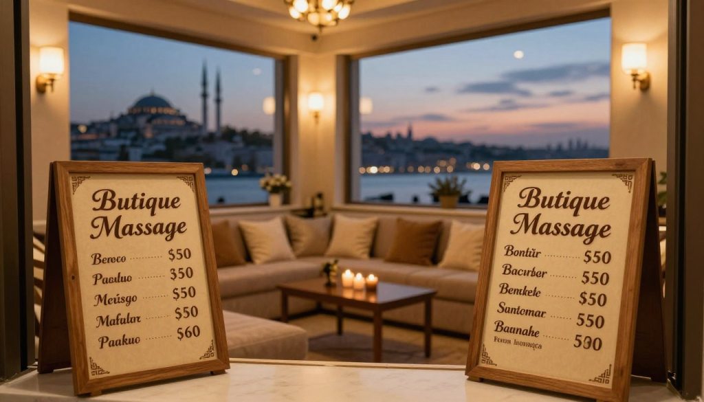 A serene late evening scene at a luxurious massage parlor in Istanbul, featuring the exterior of "Butique Massage" with warm, inviting lighting. In the foreground, a neatly arranged wooden sign displays massage pricing, elegantly written in an ornate font. The middle ground showcases a comfortable waiting area with plush sofas and calming decor, complete with soft cushions and aromatic candles. In the background, a large window reveals a twilight sky over Istanbul's skyline, with subtle silhouettes of historic buildings. The overall atmosphere is tranquil and inviting, suggesting relaxation and luxury. The scene is lit with soft, ambient lighting, giving a warm glow to the space, captured with a gentle depth of field to emphasize tranquility. A serene late evening scene at a luxurious massage parlor in Istanbul, featuring the exterior of "Butique Massage" with warm, inviting lighting. In the foreground, a neatly arranged wooden sign displays massage pricing, elegantly written in an ornate font. The middle ground showcases a comfortable waiting area with plush sofas and calming decor, complete with soft cushions and aromatic candles. In the background, a large window reveals a twilight sky over Istanbul's skyline, with subtle silhouettes of historic buildings. The overall atmosphere is tranquil and inviting, suggesting relaxation and luxury. The scene is lit with soft, ambient lighting, giving a warm glow to the space, captured with a gentle depth of field to emphasize tranquility.