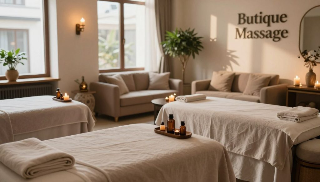 A serene, luxurious spa interior for "Butique Massage" in Istanbul, showcasing a calming ambiance perfect for a deep tissue massage experience. In the foreground, elegant treatment tables draped in soft, neutral-toned linens and surrounded by soothing essential oils and candles. The middle layer features a tranquil waiting area with plush seating and decorative plants, creating a sense of relaxation. In the background, large windows allow warm, natural light to filter in, casting gentle shadows around the space. Soft, muted colors enhance the peaceful atmosphere, with subtle décor nodding to traditional Turkish elements. The overall mood is inviting, rejuvenating, and peaceful, ideal for wellness seekers looking for the perfect spa experience.
