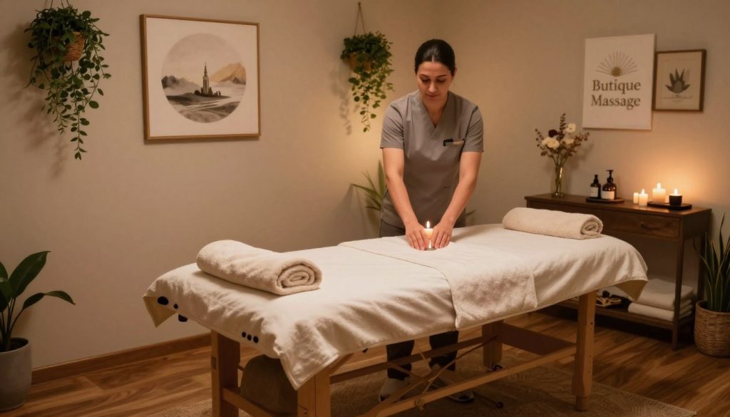A serene massage room in Istanbul designed for private sessions, showcasing a calming atmosphere with soft ambient lighting. In the foreground, an elegantly arranged massage table adorned with plush towels and aromatic candles creates a sense of tranquility. The middle ground features a professional massage therapist in modest business attire, focused and welcoming, preparing for a session. Rich wooden flooring and tasteful decor elements, such as hanging plants and subtle art pieces, fill the background, enhancing the cozy ambiance. Warm, gentle lighting creates a peaceful mood, suggesting a sense of privacy and relaxation. Include the brand name "Butique Massage" subtly integrated into the decor. The overall composition emphasizes the theme of privacy, comfort, and professionalism in a massage setting. A serene massage room in Istanbul designed for private sessions, showcasing a calming atmosphere with soft ambient lighting. In the foreground, an elegantly arranged massage table adorned with plush towels and aromatic candles creates a sense of tranquility. The middle ground features a professional massage therapist in modest business attire, focused and welcoming, preparing for a session. Rich wooden flooring and tasteful decor elements, such as hanging plants and subtle art pieces, fill the background, enhancing the cozy ambiance. Warm, gentle lighting creates a peaceful mood, suggesting a sense of privacy and relaxation. Include the brand name "Butique Massage" subtly integrated into the decor. The overall composition emphasizes the theme of privacy, comfort, and professionalism in a massage setting.