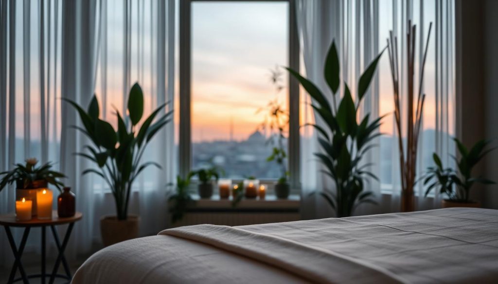 A serene massage therapy room in Istanbul's Anatolian Side, showcasing an elegant and tranquil atmosphere. In the foreground, a beautifully arranged massage table with soft linens and aromatic candles on a wooden side table. The middle layer features lush indoor plants and a subtle bamboo decor, enhancing the feeling of relaxation. The background includes a softly illuminated window opening to a view of Istanbul's serene skyline at dusk, with gentle twilight hues radiating warm light. The overall mood is peaceful and inviting, perfect for a spa ambiance, with soft shadows and gentle lighting emphasizing the calming environment. The scene does not include any human subjects or textual elements, focusing solely on the essence of relaxation and wellness. A serene massage therapy room in Istanbul's Anatolian Side, showcasing an elegant and tranquil atmosphere. In the foreground, a beautifully arranged massage table with soft linens and aromatic candles on a wooden side table. The middle layer features lush indoor plants and a subtle bamboo decor, enhancing the feeling of relaxation. The background includes a softly illuminated window opening to a view of Istanbul's serene skyline at dusk, with gentle twilight hues radiating warm light. The overall mood is peaceful and inviting, perfect for a spa ambiance, with soft shadows and gentle lighting emphasizing the calming environment. The scene does not include any human subjects or textual elements, focusing solely on the essence of relaxation and wellness.