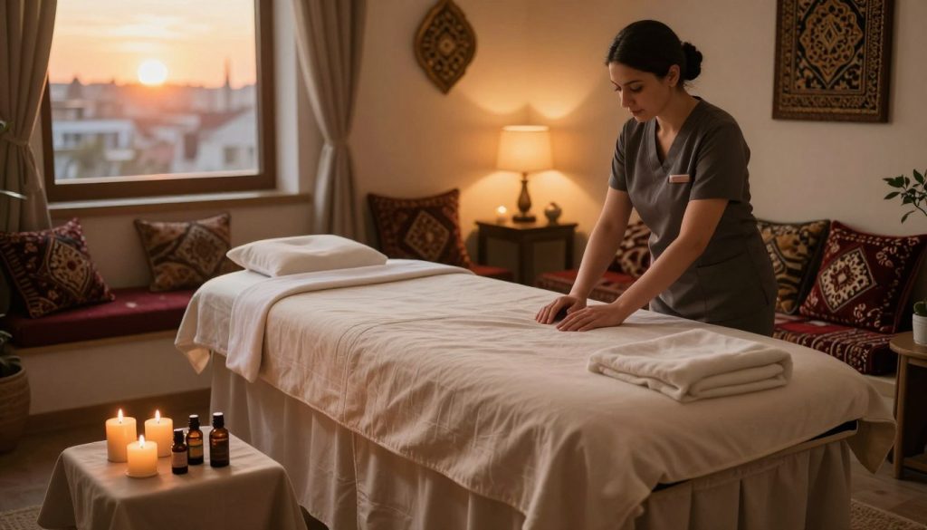 A serene mobile massage preparation space in Istanbul, Turkey, featuring an elegant massage table adorned with soft, neutral-colored linens. In the foreground, a skilled therapist in professional business attire prepares essential oils and calming candles on a nearby table. The middle ground showcases a warm, inviting atmosphere with subtle diffused lighting, creating a tranquil zone perfect for relaxation. The background reveals traditional Turkish decor, like intricate patterns and plush cushions, enhancing the cultural ambiance. Sunset rays softly filter through a window, casting a golden hue over the scene. The overall mood conveys a peaceful and soothing environment, embodying the essence of "Butique Massage" for a rejuvenating home massage experience.
