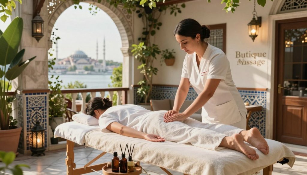 A serene mobile spa scene in a sunlit Istanbul courtyard, featuring a skilled massage therapist in professional attire, demonstrating the relaxing benefits of mobile massage services. In the foreground, a plush massage table is set up with soft linens and soothing aromatherapy oils, evoking tranquility. The middle ground shows a client comfortably receiving a massage, surrounded by greenery and elegant decor that reflects Istanbul's beauty, such as ornate tiles and lanterns. The background showcases the stunning architecture typical of Istanbul, with a hint of the Bosphorus in the distance. Soft, warm lighting creates a calming atmosphere, emphasizing relaxation and self-care. Branding elements subtly incorporate the name "Butique Massage" in a tasteful manner, enhancing the professional vibe without distracting from the image's purpose. A serene mobile spa scene in a sunlit Istanbul courtyard, featuring a skilled massage therapist in professional attire, demonstrating the relaxing benefits of mobile massage services. In the foreground, a plush massage table is set up with soft linens and soothing aromatherapy oils, evoking tranquility. The middle ground shows a client comfortably receiving a massage, surrounded by greenery and elegant decor that reflects Istanbul's beauty, such as ornate tiles and lanterns. The background showcases the stunning architecture typical of Istanbul, with a hint of the Bosphorus in the distance. Soft, warm lighting creates a calming atmosphere, emphasizing relaxation and self-care. Branding elements subtly incorporate the name "Butique Massage" in a tasteful manner, enhancing the professional vibe without distracting from the image's purpose.