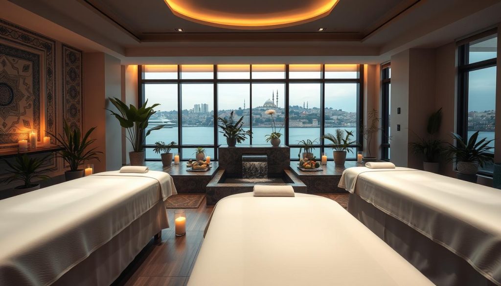A serene, modern Istanbul massage and spa venue, showcasing a tranquil atmosphere with elegant decor. In the foreground, luxurious massage tables adorned with soft linens, surrounded by aromatic candles and lush potted plants. In the middle ground, a soothing water feature gently cascading, enhancing the feeling of relaxation. The walls display traditional Turkish motifs blended with contemporary design, illuminated by soft, warm lighting that creates a calming ambiance. In the background, large windows reveal a glimpse of Istanbul's skyline, emphasizing the fusion of urban life and wellness culture. The overall mood is one of serenity and indulgence, inviting viewers to explore the evolving massage culture in the city. Use a wide-angle lens to capture the spaciousness and tranquility of the venue.