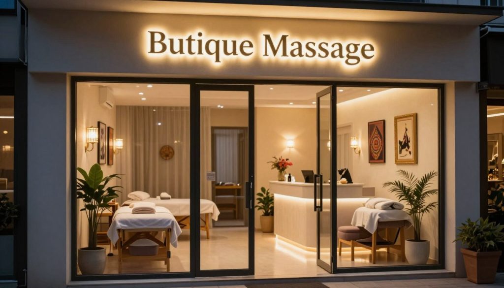 A serene night scene showcasing a professional massage parlor in Istanbul. The foreground features a welcoming entrance with a soft glowing sign that reads "Butique Massage." Elegant glass doors lead into the calming interior. In the middle, a well-lit reception area is visible, adorned with soothing colors and tasteful decor, including plants and art pieces that reflect Turkish culture. In the background, softly lit treatment rooms are glimpsed, featuring comfortable massage tables and warm ambient lighting that creates a relaxing atmosphere. The scene conveys tranquility, inviting viewers to the experience of late-night relaxation services. A gentle, warm light bathes the space, enhancing the peaceful mood, while a slight depth of field softens outer details, focusing attention on the inviting entrance and reception area. A serene night scene showcasing a professional massage parlor in Istanbul. The foreground features a welcoming entrance with a soft glowing sign that reads "Butique Massage." Elegant glass doors lead into the calming interior. In the middle, a well-lit reception area is visible, adorned with soothing colors and tasteful decor, including plants and art pieces that reflect Turkish culture. In the background, softly lit treatment rooms are glimpsed, featuring comfortable massage tables and warm ambient lighting that creates a relaxing atmosphere. The scene conveys tranquility, inviting viewers to the experience of late-night relaxation services. A gentle, warm light bathes the space, enhancing the peaceful mood, while a slight depth of field softens outer details, focusing attention on the inviting entrance and reception area.