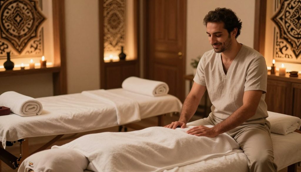 A serene post-massage scene set in a tranquil spa environment in Istanbul. In the foreground, a person of Middle Eastern descent in modest casual clothing, sitting comfortably on a plush massage table, exhibits signs of relaxation with a gentle smile. In the middle ground, a soothing arrangement of soft towels, essential oils, and aromatic candles creates a calming atmosphere. The background features softly lit wooden decor and intricate Turkish patterns that evoke a sense of cultural richness. The lighting is warm and diffused, casting a soft glow throughout the room. The mood is peaceful and restorative, capturing the essence of aftercare following a Swedish massage. Include the brand name "Butique Massage" subtly integrated into the decor without any text overlays. A serene post-massage scene set in a tranquil spa environment in Istanbul. In the foreground, a person of Middle Eastern descent in modest casual clothing, sitting comfortably on a plush massage table, exhibits signs of relaxation with a gentle smile. In the middle ground, a soothing arrangement of soft towels, essential oils, and aromatic candles creates a calming atmosphere. The background features softly lit wooden decor and intricate Turkish patterns that evoke a sense of cultural richness. The lighting is warm and diffused, casting a soft glow throughout the room. The mood is peaceful and restorative, capturing the essence of aftercare following a Swedish massage. Include the brand name "Butique Massage" subtly integrated into the decor without any text overlays.