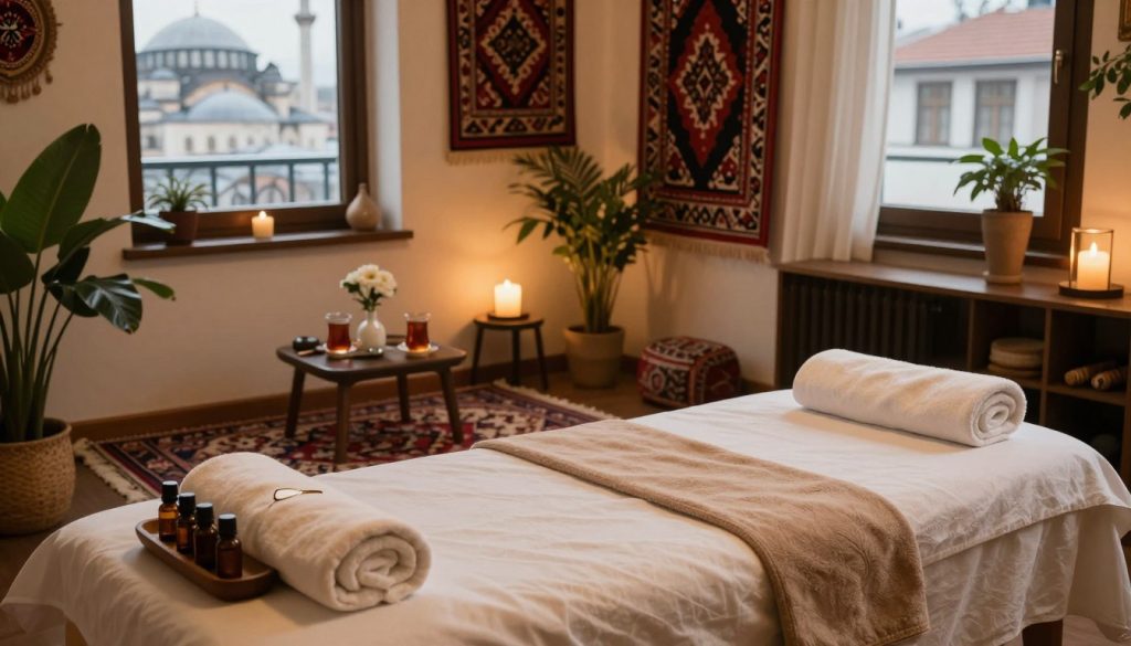 A serene private massage setup in a cozy Airbnb accommodation in Istanbul. In the foreground, a neatly arranged massage table with fresh towels and essential oils, creating a calming atmosphere. Soft ambient lighting casts a warm glow, enhancing the tranquil mood. In the middle, a stylishly decorated room adorned with Turkish textiles and plants that provide a touch of nature. An elegant rug complements the space, and a small side table holds relaxing herbal tea. In the background, a window reveals a glimpse of Istanbul’s architecture, adding authenticity. The image reflects the brand "Butique Massage," emphasizing relaxation and comfort in a chic setting. The scene should evoke peace and serenity, ideal for a soothing massage experience. A serene private massage setup in a cozy Airbnb accommodation in Istanbul. In the foreground, a neatly arranged massage table with fresh towels and essential oils, creating a calming atmosphere. Soft ambient lighting casts a warm glow, enhancing the tranquil mood. In the middle, a stylishly decorated room adorned with Turkish textiles and plants that provide a touch of nature. An elegant rug complements the space, and a small side table holds relaxing herbal tea. In the background, a window reveals a glimpse of Istanbul’s architecture, adding authenticity. The image reflects the brand "Butique Massage," emphasizing relaxation and comfort in a chic setting. The scene should evoke peace and serenity, ideal for a soothing massage experience.