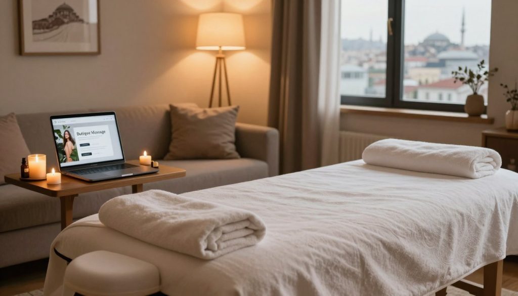 A serene room setting in Istanbul for a home massage appointment. In the foreground, a luxurious massage table is draped with soft towels, surrounded by aromatic candles and essential oils. A peaceful ambiance is enhanced by soft lighting from overhead lamps, casting warm hues across the room. The middle ground features a comfortable seating area with plush cushions and a small table displaying a laptop or tablet showcasing the "Butique Massage" booking interface. In the background, a window reveals a glimpse of Istanbul's skyline, adding an urban charm to the tranquility. The overall mood is relaxing and inviting, emphasizing a spa-like atmosphere where clients can unwind and feel rejuvenated. The image captures the essence of booking a personalized massage experience in a cozy, private space.