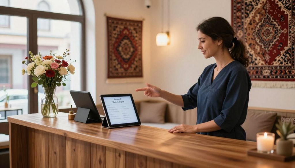 A serene scene depicting a beautifully arranged massage booking area in Istanbul, highlighting "Butique Massage". In the foreground, a reception desk made of polished wood with an elegant vase of fresh flowers. In the middle ground, a friendly masseuse in smart casual attire gestures towards a digital tablet displaying available massage options. The background features calming decor with soft ambient lighting, showcasing intricate Turkish carpets and soothing wall art. Soft, natural light filters through large windows, creating a warm and inviting atmosphere. The angle captures the inviting nature of the space, ideally to evoke feelings of relaxation and a sense of urgency for last-minute appointments. The overall mood is peaceful yet slightly bustling, reflecting the vibrant life of Istanbul while maintaining a focus on wellness and relaxation. A serene scene depicting a beautifully arranged massage booking area in Istanbul, highlighting "Butique Massage". In the foreground, a reception desk made of polished wood with an elegant vase of fresh flowers. In the middle ground, a friendly masseuse in smart casual attire gestures towards a digital tablet displaying available massage options. The background features calming decor with soft ambient lighting, showcasing intricate Turkish carpets and soothing wall art. Soft, natural light filters through large windows, creating a warm and inviting atmosphere. The angle captures the inviting nature of the space, ideally to evoke feelings of relaxation and a sense of urgency for last-minute appointments. The overall mood is peaceful yet slightly bustling, reflecting the vibrant life of Istanbul while maintaining a focus on wellness and relaxation.
