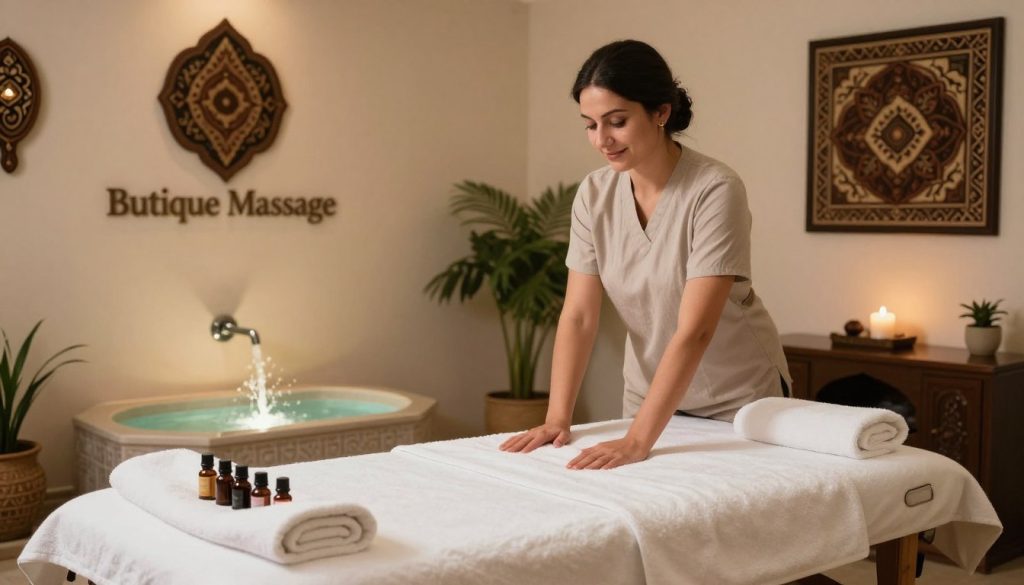 A serene spa environment in Istanbul, featuring a calming massage therapy room filled with soft ambient lighting. In the foreground, a massage table adorned with fluffy white towels, and calming essential oils arranged neatly beside it. A soothing water fountain can be seen, adding to the tranquil atmosphere. In the middle, a professional massage therapist in modest casual attire prepares for a session, showcasing a gentle smile and welcoming demeanor. The background includes traditional Turkish decor, with intricate patterns and a hint of greenery from potted plants. The overall mood is peaceful and inviting, highlighting the essence of wellness and relaxation. Emphasize the name "Butique Massage" subtly integrated into the spa decor.
