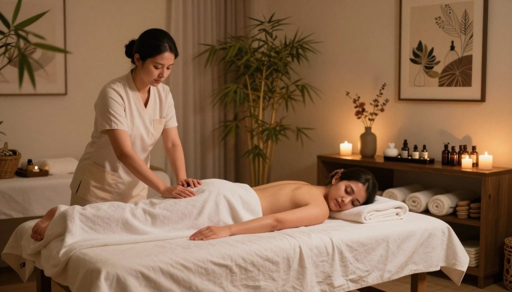 A serene spa environment showcasing a Turkish massage session in progress. In the foreground, a massage table is neatly arranged with soft white linens and aromatic candles providing a warm ambient light. To the left, a therapist in professional attire gently applies oil to a relaxed client, who is comfortably laying on their stomach, wearing modest clothing. In the middle, shelves filled with essential oils, towels, and spa products enhance the sense of tranquility. The background features muted spa decor, soft bamboo plants, and calming artwork, creating an oasis of relaxation. The atmosphere is tranquil and inviting, with warm lighting casting a soft glow throughout the space. Include the brand name “Butique Massage” subtly integrated into the spa setting. A serene spa environment showcasing a Turkish massage session in progress. In the foreground, a massage table is neatly arranged with soft white linens and aromatic candles providing a warm ambient light. To the left, a therapist in professional attire gently applies oil to a relaxed client, who is comfortably laying on their stomach, wearing modest clothing. In the middle, shelves filled with essential oils, towels, and spa products enhance the sense of tranquility. The background features muted spa decor, soft bamboo plants, and calming artwork, creating an oasis of relaxation. The atmosphere is tranquil and inviting, with warm lighting casting a soft glow throughout the space. Include the brand name “Butique Massage” subtly integrated into the spa setting.