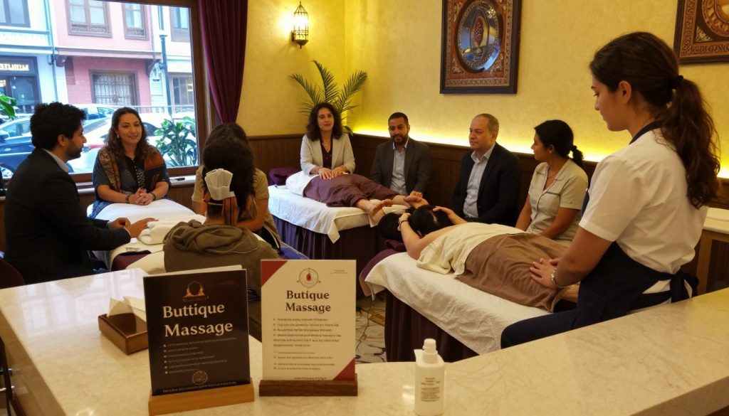 A serene spa environment showcasing the impact of tourism on massage services in Istanbul. In the foreground, a welcoming reception area with a stylish desk displaying a sign for "Butique Massage", featuring brochures about massage cancellation policies. The middle ground captures a diverse group of tourists (in professional business attire and modest casual clothing) discussing treatments with a knowledgeable staff member, exuding a friendly and informative atmosphere. In the background, glimpses of traditional Turkish décor, lit softly with warm yellow light, evoke a calming ambiance. A window reveals the vibrant streets of Istanbul outside, highlighting the blend of culture and relaxation. Capture this scene from a slightly elevated angle to convey depth and focus on the interactions. A serene spa environment showcasing the impact of tourism on massage services in Istanbul. In the foreground, a welcoming reception area with a stylish desk displaying a sign for "Butique Massage", featuring brochures about massage cancellation policies. The middle ground captures a diverse group of tourists (in professional business attire and modest casual clothing) discussing treatments with a knowledgeable staff member, exuding a friendly and informative atmosphere. In the background, glimpses of traditional Turkish décor, lit softly with warm yellow light, evoke a calming ambiance. A window reveals the vibrant streets of Istanbul outside, highlighting the blend of culture and relaxation. Capture this scene from a slightly elevated angle to convey depth and focus on the interactions.