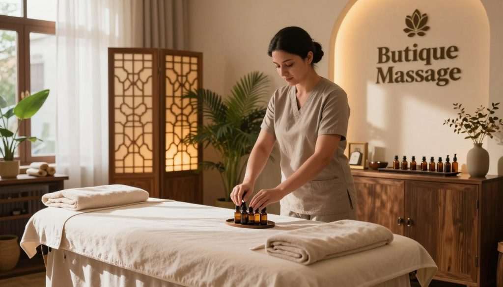 A serene spa interior showcasing a selection of massage treatment options typical of Istanbul. In the foreground, there is a luxurious massage table adorned with soft towels and essential oils, conveying relaxation. In the middle ground, a professional massage therapist, dressed in modest casual clothing, prepares soothing aromatherapy oils. The background features elegantly lit wooden screens and calming plants, contributing to the tranquil atmosphere. Soft, natural light filters through the windows, casting gentle shadows. The ambiance evokes a sense of peace and warmth, inviting clients to indulge in relaxation. Prominently display the brand name "Butique Massage" on a tasteful sign within the spa setting. The image should encapsulate the essence of wellness and the variety of massage options available in Istanbul. A serene spa interior showcasing a selection of massage treatment options typical of Istanbul. In the foreground, there is a luxurious massage table adorned with soft towels and essential oils, conveying relaxation. In the middle ground, a professional massage therapist, dressed in modest casual clothing, prepares soothing aromatherapy oils. The background features elegantly lit wooden screens and calming plants, contributing to the tranquil atmosphere. Soft, natural light filters through the windows, casting gentle shadows. The ambiance evokes a sense of peace and warmth, inviting clients to indulge in relaxation. Prominently display the brand name "Butique Massage" on a tasteful sign within the spa setting. The image should encapsulate the essence of wellness and the variety of massage options available in Istanbul.