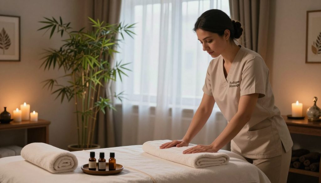 A serene spa setting featuring "Butique Massage" in a cozy, dimly lit room. In the foreground, a professional massage therapist, dressed in modest, professional attire, is preparing a massage table adorned with soft towels and calming essential oils. The middle ground captures an inviting ambiance with bamboo plants, softly glowing candles, and plush spa decor. The background presents a window with sheer curtains allowing gentle natural light to filter through, creating a soothing atmosphere. The color palette consists of soft earth tones, emphasizing relaxation and tranquility. Capture the essence of a professional massage experience in Istanbul, reflecting the importance of tipping as a part of this cultural practice.