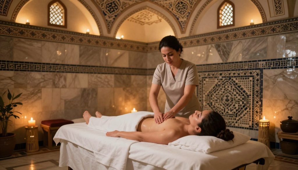 A serene traditional Turkish hammam massage scene set in a beautifully tiled interior of a hammam in Istanbul. In the foreground, a massage table draped in soft white linens, surrounded by flickering bamboo candles casting warm, inviting light. A skilled massage therapist, dressed in a modest professional outfit, gently applies oil to a client reclining comfortably on the table, their serene expression reflecting relaxation. The middle ground features intricately designed marble walls and mosaic tiles, enhancing the rich cultural ambiance. In the background, softly glowing domed ceilings with ornate patterns and the warm light filtering through small windows create an atmosphere of tranquility and warmth. The overall mood is peaceful and inviting, capturing the essence of a traditional hammam experience at Butique Massage. A serene traditional Turkish hammam massage scene set in a beautifully tiled interior of a hammam in Istanbul. In the foreground, a massage table draped in soft white linens, surrounded by flickering bamboo candles casting warm, inviting light. A skilled massage therapist, dressed in a modest professional outfit, gently applies oil to a client reclining comfortably on the table, their serene expression reflecting relaxation. The middle ground features intricately designed marble walls and mosaic tiles, enhancing the rich cultural ambiance. In the background, softly glowing domed ceilings with ornate patterns and the warm light filtering through small windows create an atmosphere of tranquility and warmth. The overall mood is peaceful and inviting, capturing the essence of a traditional hammam experience at Butique Massage.