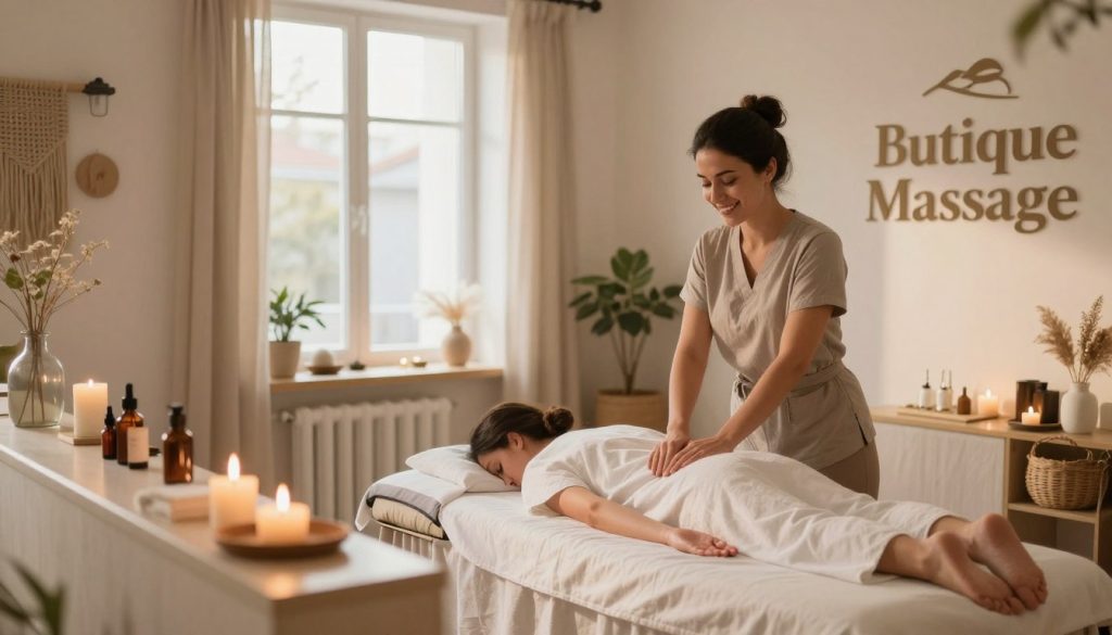 A serene wellness center interior in Istanbul, featuring an expat massage therapist assisting a client. The foreground shows a welcoming reception area adorned with soft natural textiles and calming decor. The therapist, a professional woman in modest casual clothing, smiles warmly as she prepares for a massage session. In the middle, a cozy massage room is visible, equipped with a massage table draped in clean linens, aromatic oils, and soothing candles, creating a tranquil atmosphere. The background reveals large windows with soft sunlight filtering through, casting a warm glow throughout the space. The branding "Butique Massage" subtly displayed on a wall, enhancing the professionalism. The overall mood is relaxing and inviting, perfect for visitors seeking wellness in the heart of Istanbul. A serene wellness center interior in Istanbul, featuring an expat massage therapist assisting a client. The foreground shows a welcoming reception area adorned with soft natural textiles and calming decor. The therapist, a professional woman in modest casual clothing, smiles warmly as she prepares for a massage session. In the middle, a cozy massage room is visible, equipped with a massage table draped in clean linens, aromatic oils, and soothing candles, creating a tranquil atmosphere. The background reveals large windows with soft sunlight filtering through, casting a warm glow throughout the space. The branding "Butique Massage" subtly displayed on a wall, enhancing the professionalism. The overall mood is relaxing and inviting, perfect for visitors seeking wellness in the heart of Istanbul.