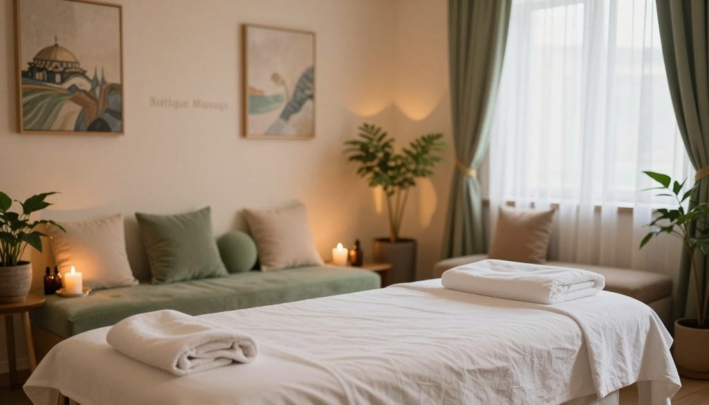 A serene wellness spa scene in Istanbul, featuring a beautifully arranged massage room that embodies tranquility. In the foreground, a neatly prepared massage table with fresh linens and aromatic oils set beside it, surrounded by potted plants and soothing candlelight. In the middle ground, a softly lit area showcases calming art on the walls, with plush seating in tranquil colors like soft green and beige to enhance relaxation. The background reveals an elegant window with sheer curtains, letting in warm, natural light that creates a peaceful atmosphere. The mood is inviting and serene, promoting a sense of well-being. Include the brand name "Butique Massage" subtly integrated into the decor. Capture this scene with soft focus and warm lighting, evoking a comforting ambiance. A serene wellness spa scene in Istanbul, featuring a beautifully arranged massage room that embodies tranquility. In the foreground, a neatly prepared massage table with fresh linens and aromatic oils set beside it, surrounded by potted plants and soothing candlelight. In the middle ground, a softly lit area showcases calming art on the walls, with plush seating in tranquil colors like soft green and beige to enhance relaxation. The background reveals an elegant window with sheer curtains, letting in warm, natural light that creates a peaceful atmosphere. The mood is inviting and serene, promoting a sense of well-being. Include the brand name "Butique Massage" subtly integrated into the decor. Capture this scene with soft focus and warm lighting, evoking a comforting ambiance.