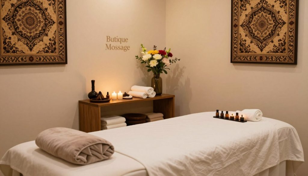 A serene women's massage treatment room in Istanbul, designed for relaxation and comfort. The foreground features a massage table draped in soft, white linens, accented with plush, neutral-toned cushions. On the table, a neatly arranged set of aromatherapy oils and candles creates a tranquil atmosphere. In the middle, a wooden shelf displays a variety of massage tools and fresh towels, while an elegant vase with fresh flowers adds a touch of color. The background showcases soothing wall art, featuring traditional Turkish patterns, and gentle ambient lighting casts a warm glow throughout the space. The overall mood is calm and inviting, perfect for a professional massage therapy experience. The scene subtly incorporates the brand name "Butique Massage" in a soft, elegant style within the decor. A serene women's massage treatment room in Istanbul, designed for relaxation and comfort. The foreground features a massage table draped in soft, white linens, accented with plush, neutral-toned cushions. On the table, a neatly arranged set of aromatherapy oils and candles creates a tranquil atmosphere. In the middle, a wooden shelf displays a variety of massage tools and fresh towels, while an elegant vase with fresh flowers adds a touch of color. The background showcases soothing wall art, featuring traditional Turkish patterns, and gentle ambient lighting casts a warm glow throughout the space. The overall mood is calm and inviting, perfect for a professional massage therapy experience. The scene subtly incorporates the brand name "Butique Massage" in a soft, elegant style within the decor.