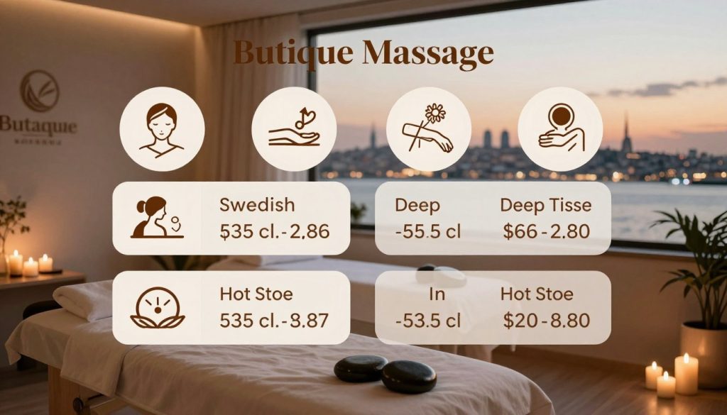 A visually appealing and organized infographic illustrating the cost comparison of different therapeutic massage services in Istanbul. In the foreground, feature a modern wellness center with a serene atmosphere, showcasing a relaxing massage room with subtle candles and soft ambient lighting. The middle layer should display various massage types, such as Swedish, deep tissue, and hot stone, each represented by distinct, elegantly designed icons or illustrations, alongside their respective price tags. The background can feature a soft-focus view of Istanbul's skyline at dusk, creating an inviting ambiance. Include the brand name "Butique Massage" prominently in a stylish font, ensuring the overall mood is calm and professional. Use warm colors to enhance the relaxing theme and soft shadows for depth, captured with a gentle lens focus to evoke tranquility.