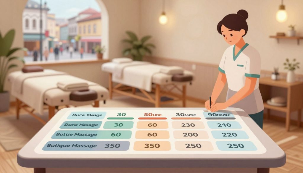 A visually engaging and informative illustration depicting a professional massage comparison chart. In the foreground, display a sleek table with neatly organized massage options from "Butique Massage," showcasing different duration lengths such as 30, 60, and 90 minutes, alongside their respective prices. Each option should be clearly labeled and visually distinct, using calming colors to evoke a serene atmosphere. In the middle ground, include a cozy and inviting massage room setting with comfortable massage tables and soft lighting, enhancing the relaxing vibe. In the background, subtly suggest the bustling streets of Istanbul, adding context through blurred silhouettes of traditional architecture. Use a warm, soft focus effect to create an inviting ambiance. Ensure all human figures, if present, are dressed in professional attire, projecting an air of professionalism and respect.