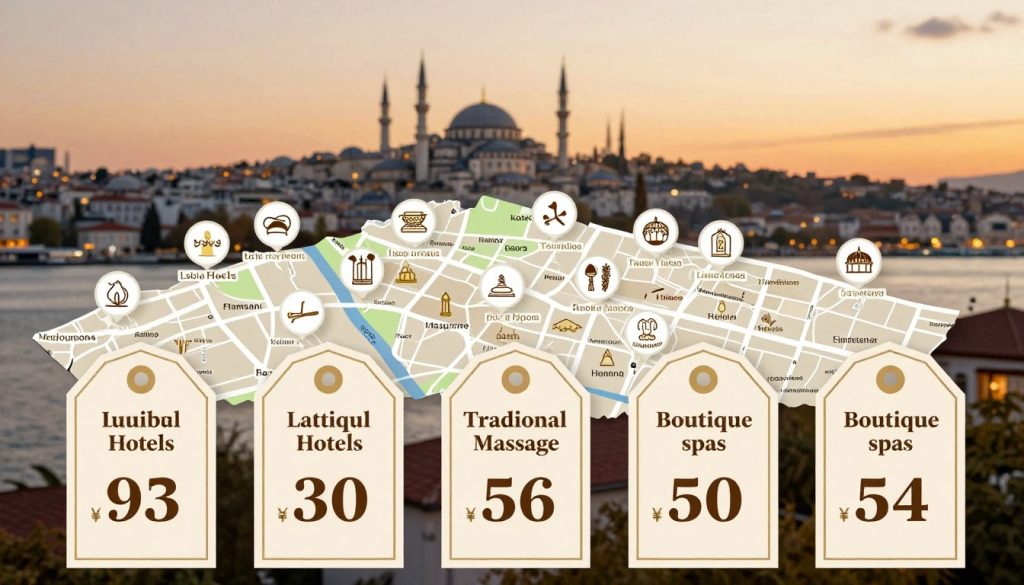 A visually engaging comparison image illustrating the prices of spa treatments in Istanbul. In the foreground, elegantly designed price tags of different venues, like luxurious hotels, traditional hammams, and boutique spas, including "Butique Massage." In the middle, a map-like layout highlighting various neighborhoods within Istanbul, adorned with icons representing the venue types, such as simple spa symbols and intricate architectural details. The background should feature a serene Istanbul skyline at sunset, with soft, warm lighting that creates a relaxing atmosphere. Capture the essence of Turkish spa culture, making the image informative yet inviting, ideal for an article section focusing on factors influencing massage prices, with no text or watermarks present. A visually engaging comparison image illustrating the prices of spa treatments in Istanbul. In the foreground, elegantly designed price tags of different venues, like luxurious hotels, traditional hammams, and boutique spas, including "Butique Massage." In the middle, a map-like layout highlighting various neighborhoods within Istanbul, adorned with icons representing the venue types, such as simple spa symbols and intricate architectural details. The background should feature a serene Istanbul skyline at sunset, with soft, warm lighting that creates a relaxing atmosphere. Capture the essence of Turkish spa culture, making the image informative yet inviting, ideal for an article section focusing on factors influencing massage prices, with no text or watermarks present.