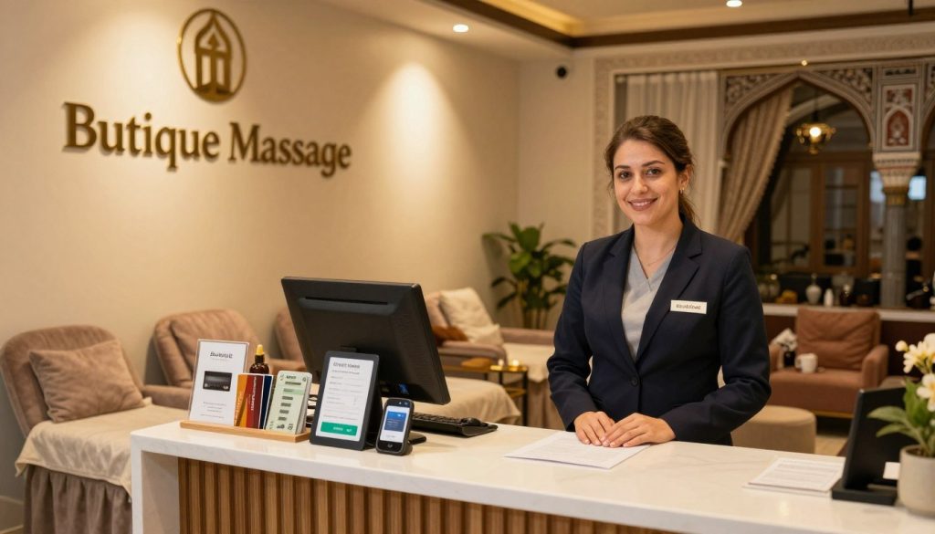 A welcoming scene at an affordable massage center in Istanbul, showcasing the entrance of "Butique Massage" adorned with warm lighting and inviting decor. In the foreground, a friendly female receptionist in professional attire stands behind a sleek payment counter, displaying various payment options—cash, credit cards, mobile payments—arranged neatly. The middle ground features subtle elements of the massage therapy environment, such as plush chairs, serene colors, and calming scents. In the background, glimpses of traditional Turkish architecture and soft fabric textures evoke the rich cultural ambiance of Istanbul. The lighting should be soft and warm, creating a relaxed and inviting atmosphere. The image captures the essence of customer service and payment acceptance in a holistic and ambient setting. A welcoming scene at an affordable massage center in Istanbul, showcasing the entrance of "Butique Massage" adorned with warm lighting and inviting decor. In the foreground, a friendly female receptionist in professional attire stands behind a sleek payment counter, displaying various payment options—cash, credit cards, mobile payments—arranged neatly. The middle ground features subtle elements of the massage therapy environment, such as plush chairs, serene colors, and calming scents. In the background, glimpses of traditional Turkish architecture and soft fabric textures evoke the rich cultural ambiance of Istanbul. The lighting should be soft and warm, creating a relaxed and inviting atmosphere. The image captures the essence of customer service and payment acceptance in a holistic and ambient setting.