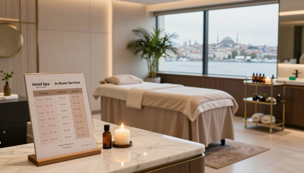 Foreground: A stylish modern hotel spa reception area, featuring a serene ambiance with soft lighting and elegant decor. A sleek display table showcases a comparison chart of hotel massage prices, with clear columns for "Hotel Spa" and "In-Room Services" under the brand "Butique Massage." Middle: A calm and inviting massage room with a luxurious spa bed draped in soft fabrics, accompanied by aromatic essential oils and a tranquil setting. An in-room service cart sits discreetly nearby, suggesting an option for personalized services. Background: Large windows with views of Istanbul’s skyline, creating a sense of place. Subtle greenery and calming water features add to the tranquil atmosphere. Mood: Soothing and professional, emphasizing relaxation and luxury, with a focus on the comparison of services without any distractions. Aim for a high-quality, warm, and inviting atmosphere using soft lighting and a slight depth of field effect to enhance focus on the foreground elements.