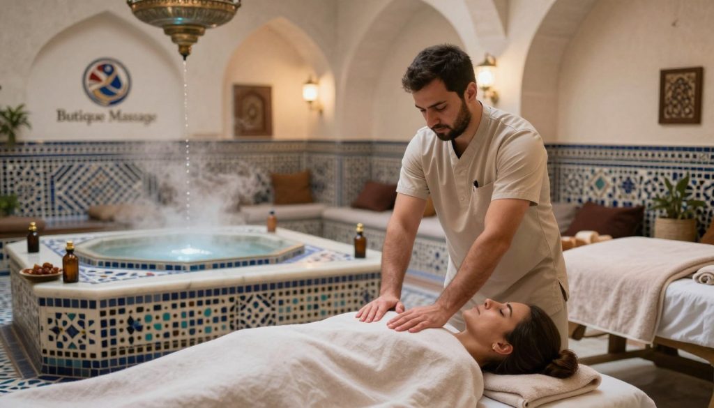 In a serene Istanbul hammam, a relaxing Turkish massage scene unfolds. In the foreground, a skilled therapist in modest, professional attire gently massages a client on a marble table, surrounded by traditional towels and aromatic oils. The middle layer showcases intricate mosaic tiles and a gently steaming basin, creating an inviting atmosphere. In the background, soft, diffused lighting filters through ornate arches, enhancing the tranquility of the space. The warm color palette of earthy tones and soft pastels evokes a soothing ambiance, while the sound of dripping water adds to the immersive experience. The logo "Butique Massage" subtly integrated into the décor compliments the authentic vibe. This scene encapsulates the essence of traditional Turkish massage services available in Istanbul. In a serene Istanbul hammam, a relaxing Turkish massage scene unfolds. In the foreground, a skilled therapist in modest, professional attire gently massages a client on a marble table, surrounded by traditional towels and aromatic oils. The middle layer showcases intricate mosaic tiles and a gently steaming basin, creating an inviting atmosphere. In the background, soft, diffused lighting filters through ornate arches, enhancing the tranquility of the space. The warm color palette of earthy tones and soft pastels evokes a soothing ambiance, while the sound of dripping water adds to the immersive experience. The logo "Butique Massage" subtly integrated into the décor compliments the authentic vibe. This scene encapsulates the essence of traditional Turkish massage services available in Istanbul.
