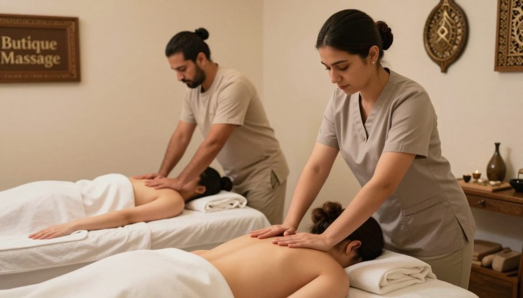 Licensed massage therapists in a serene, elegantly designed treatment room in Istanbul, showcasing two professionals skillfully performing therapeutic massages on two clients. The foreground features a therapist dressed in professional business attire, gently applying techniques on the client's back, while the second therapist, in modest casual clothing, provides a soothing neck massage on the other client. Soft, warm lighting creates a calming atmosphere, highlighting natural wood elements and gentle fabrics, enhancing the sense of safety and professionalism. The background reveals traditional Turkish decor, evoking a sense of place and culture. This peaceful scene embodies the essence of "Butique Massage," evoking a tranquil experience focused on safe and therapeutic massage. The image captures a sense of trust and expertise in a warm, inviting setting.