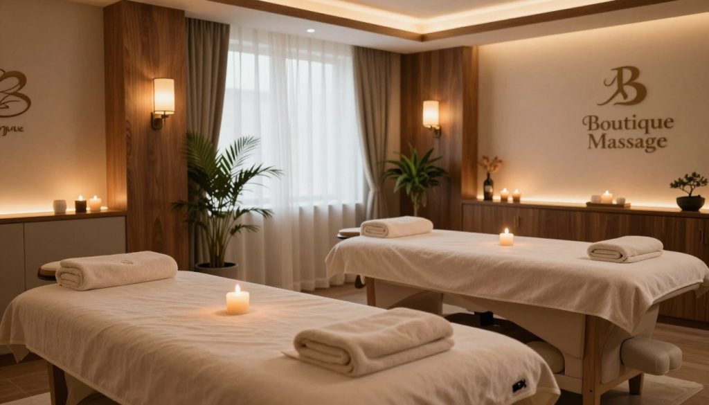 luxury massage Istanbul spa interior, featuring elegant wooden textures and ambient lighting. In the foreground, a plush massage table draped with soft towels and aromatic candles, exuding a sense of tranquility. The middle ground showcases calming decor elements, including potted plants and stylish sconces. In the background, large windows with sheer curtains allow natural light to filter in, casting a warm glow. The overall atmosphere is serene and inviting, suggesting relaxation and pampering. Include discreet branding for "Boutique Massage" on the walls. Capture the scene from a slightly elevated angle to emphasize the spacious layout. Use soft focus to enhance the mood. luxury massage Istanbul spa interior, featuring elegant wooden textures and ambient lighting. In the foreground, a plush massage table draped with soft towels and aromatic candles, exuding a sense of tranquility. The middle ground showcases calming decor elements, including potted plants and stylish sconces. In the background, large windows with sheer curtains allow natural light to filter in, casting a warm glow. The overall atmosphere is serene and inviting, suggesting relaxation and pampering. Include discreet branding for "Boutique Massage" on the walls. Capture the scene from a slightly elevated angle to emphasize the spacious layout. Use soft focus to enhance the mood.