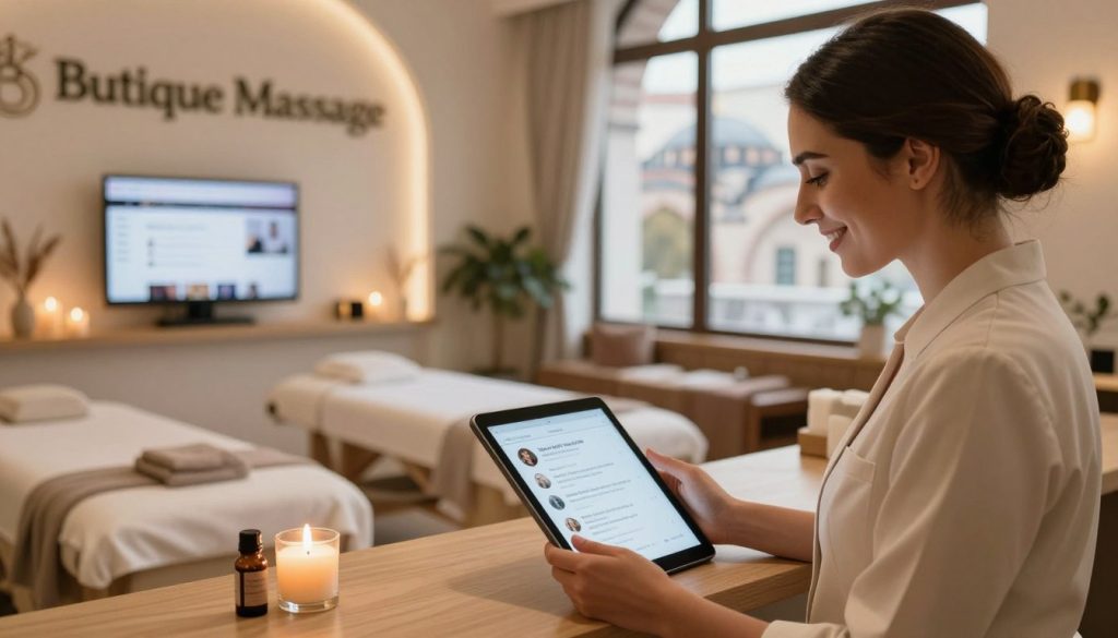 A cozy and inviting massage therapy clinic setting in Istanbul, featuring an elegantly designed reception area with soft, warm lighting. In the foreground, a well-dressed receptionist smiles while attentively reading from a tablet displaying online reviews. The middle ground shows a peaceful massage room with tranquil decor; aromatic candles and soothing oils are placed strategically. Various online platforms are subtly represented on a nearby screen, showcasing authentic reviews. In the background, hints of Istanbul architecture peek through expansive windows, creating a cultural connection. The overall atmosphere is serene and professional, conveying trust and approval. Capture this scene with a soft focus lens, emphasizing warmth and professionalism in the ambiance, while including the brand name "Butique Massage" tastefully integrated into the decor. A cozy and inviting massage therapy clinic setting in Istanbul, featuring an elegantly designed reception area with soft, warm lighting. In the foreground, a well-dressed receptionist smiles while attentively reading from a tablet displaying online reviews. The middle ground shows a peaceful massage room with tranquil decor; aromatic candles and soothing oils are placed strategically. Various online platforms are subtly represented on a nearby screen, showcasing authentic reviews. In the background, hints of Istanbul architecture peek through expansive windows, creating a cultural connection. The overall atmosphere is serene and professional, conveying trust and approval. Capture this scene with a soft focus lens, emphasizing warmth and professionalism in the ambiance, while including the brand name "Butique Massage" tastefully integrated into the decor.