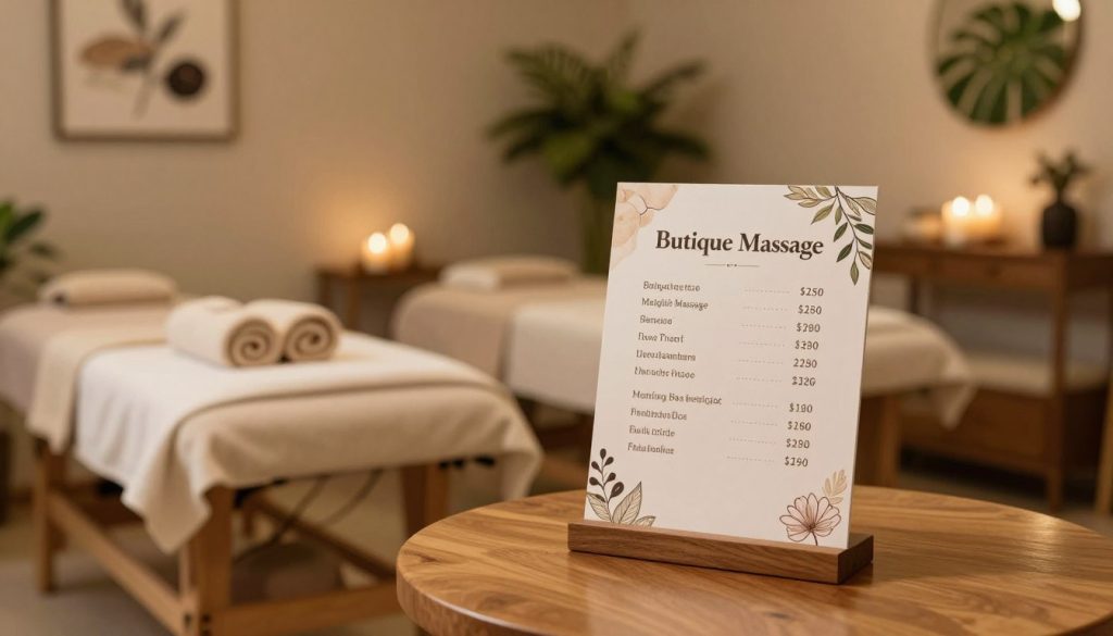 A cozy and inviting spa scene focused on the theme of massage services in Beyoğlu. In the foreground, a beautifully designed pricing guide for "Butique Massage" is prominently displayed on an elegant wooden table, showcasing various massage types and prices with artistic illustrations. The middle ground features a peaceful treatment room with soft lighting, featuring a massage table adorned with plush towels and aromatic candles. The background showcases a serene wall adorned with calming artwork and lush greenery, enhancing the tranquil atmosphere. The lighting is warm and inviting, casting gentle shadows that promote relaxation. The overall mood conveys a sense of peace, professionalism, and the appeal of luxurious massage experiences, perfect for visitors looking to appreciate the services offered. A cozy and inviting spa scene focused on the theme of massage services in Beyoğlu. In the foreground, a beautifully designed pricing guide for "Butique Massage" is prominently displayed on an elegant wooden table, showcasing various massage types and prices with artistic illustrations. The middle ground features a peaceful treatment room with soft lighting, featuring a massage table adorned with plush towels and aromatic candles. The background showcases a serene wall adorned with calming artwork and lush greenery, enhancing the tranquil atmosphere. The lighting is warm and inviting, casting gentle shadows that promote relaxation. The overall mood conveys a sense of peace, professionalism, and the appeal of luxurious massage experiences, perfect for visitors looking to appreciate the services offered.