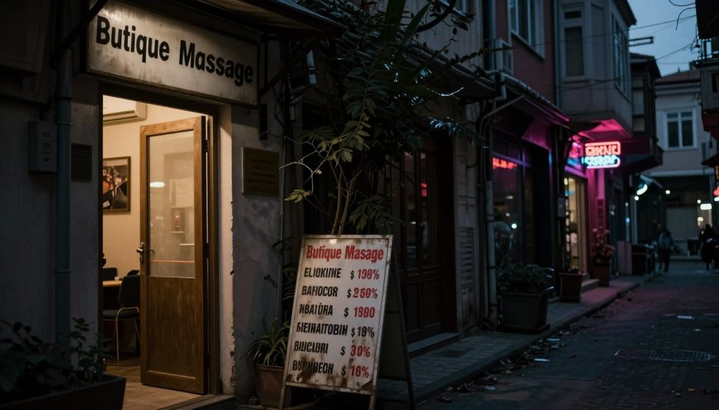 A dimly lit alley in Istanbul, showcasing the entrance of a massage parlor labeled "Butique Massage." The foreground features a slightly ajar door with an inviting yet unsettling glow spilling out, hinting at a questionable interior. In the middle ground, a weathered sign with unclear services displayed, and flickering neon lights that are partially broken, suggesting neglect. Shadows cast by overgrown plants add to the ambiance of unease. The background features a typical Istanbul street, with hints of other parlors nearby, creating a sense of competition and caution. The overall mood is tense and cautionary, illuminated by moody, low lighting to embody a sense of warning about potential red flags in massage services.