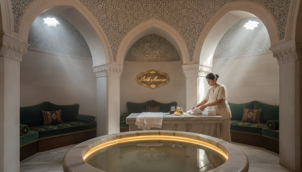 A luxurious Turkish massage spa interior set in a historic hamam in Istanbul. In the foreground, a serene marble basin filled with water reflects intricate tile work, surrounded by soft, warm lighting. The middle section features traditional Turkish decor with ornate arches and plush seating. A professional massage therapist dressed in modest, professional attire is gently preparing a treatment area with towels and oils. In the background, hints of steam rising in a beautifully tiled steam room create an inviting atmosphere. The ambiance is tranquil, evoking a sense of relaxation and heritage. Prominently displayed is the brand name "Butik Massage" on a decorative sign, integrated seamlessly into the lavish surroundings. The overall mood is calming and immersive, capturing the essence of traditional Turkish massage culture in a historic setting. A luxurious Turkish massage spa interior set in a historic hamam in Istanbul. In the foreground, a serene marble basin filled with water reflects intricate tile work, surrounded by soft, warm lighting. The middle section features traditional Turkish decor with ornate arches and plush seating. A professional massage therapist dressed in modest, professional attire is gently preparing a treatment area with towels and oils. In the background, hints of steam rising in a beautifully tiled steam room create an inviting atmosphere. The ambiance is tranquil, evoking a sense of relaxation and heritage. Prominently displayed is the brand name "Butik Massage" on a decorative sign, integrated seamlessly into the lavish surroundings. The overall mood is calming and immersive, capturing the essence of traditional Turkish massage culture in a historic setting.