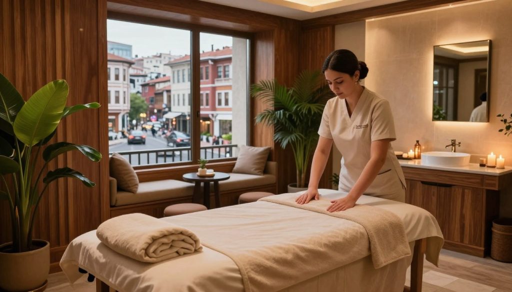 A luxurious hotel wellness center in Taksim, Turkey, showcasing the serene environment of "Butique Massage." In the foreground, a soothing massage room with elegant wooden decor, soft beige fabrics, and fresh green plants to evoke relaxation. A therapist wearing professional attire, gently preparing a massage table, emphasizes comfort and professionalism. In the middle ground, a relaxing ambient atmosphere is enhanced by warm, soft lighting, with candles providing a gentle glow. In the background, large windows reveal stunning views of Taksim's vibrant streets and cityscape, subtly blending urban charm and tranquility. The overall mood is calm, inviting, and luxurious, perfect for illustrating the benefits of hotel massage services. A luxurious hotel wellness center in Taksim, Turkey, showcasing the serene environment of "Butique Massage." In the foreground, a soothing massage room with elegant wooden decor, soft beige fabrics, and fresh green plants to evoke relaxation. A therapist wearing professional attire, gently preparing a massage table, emphasizes comfort and professionalism. In the middle ground, a relaxing ambient atmosphere is enhanced by warm, soft lighting, with candles providing a gentle glow. In the background, large windows reveal stunning views of Taksim's vibrant streets and cityscape, subtly blending urban charm and tranquility. The overall mood is calm, inviting, and luxurious, perfect for illustrating the benefits of hotel massage services.