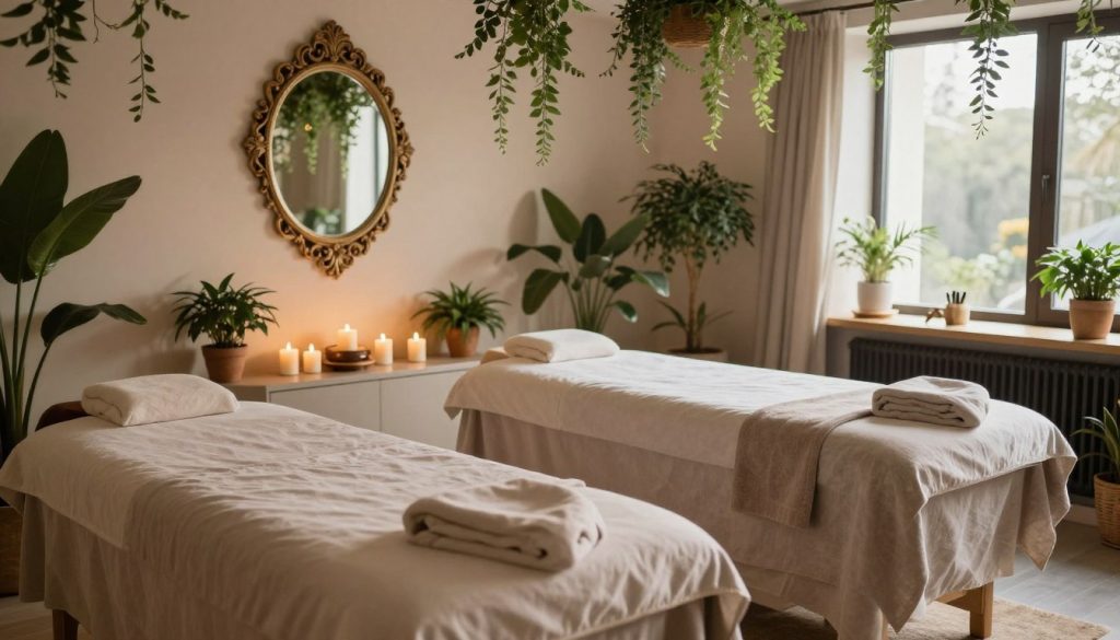 A luxurious wellness spa interior in Istanbul, showcasing a serene and tranquil ambiance. In the foreground, two comfortable massage tables adorned with soft, muted linens, surrounded by gently flickering candles. The middle layer features lush greenery, including potted plants and soft hanging vines that enhance the natural feel. Elegant decor elements like ornate mirrors and soft fabrics create an inviting atmosphere. In the background, large windows allow warm, natural light to pour in, illuminating the space and casting subtle shadows. The color palette includes soft neutrals and calming earth tones. The scene reflects the brand "Butique Massage," conveying an intimate atmosphere perfect for couples seeking relaxation and rejuvenation. The overall mood is peaceful and romantic, inviting couples to unwind together in this upscale oasis.