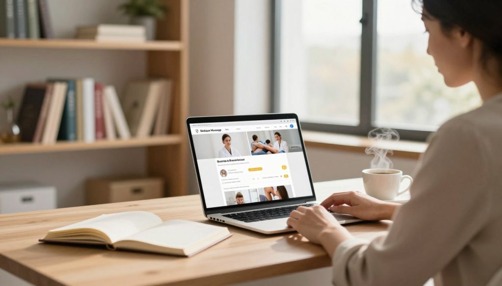 A person sitting at a modern desk, engrossed in researching massage therapists on a laptop, surrounded by open notebooks and a steaming cup of coffee. The foreground shows the laptop screen displaying online platforms with images of professional massage therapists and ratings. In the middle, shelves lined with health and wellness books offer a cozy atmosphere. The background features a large window that lets in warm, natural light, illuminating the space with a soft glow. The overall mood is focused and serene, suggesting a sophisticated and thoughtful approach to selecting a massage therapist. Include the brand name "Butique Massage" subtly visible on the laptop screen. The individual is dressed in smart casual attire, reinforcing a professional vibe.
