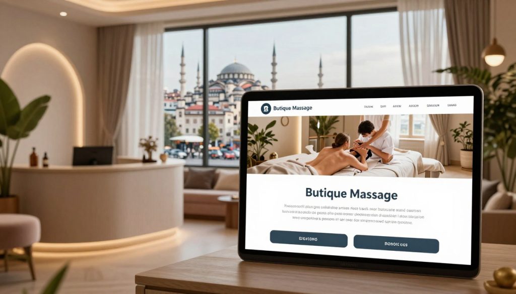 A professional and inviting scene depicting a modern booking platform for massage services in Istanbul, showcasing "Butique Massage". In the foreground, an elegant digital interface with touch-friendly elements, highlighting booking options and service descriptions. The middle ground features a soothing atmosphere with a softly lit reception area, adorned with calming colors, lush green plants, and tasteful decor. In the background, a panoramic view of Taksim Square visible through large windows, creating a connection to the city's vibrant energy. The lighting is warm and inviting, filtered gently through sheer curtains. The mood should evoke relaxation and professionalism, suitable for international visitors looking for luxury wellness experiences. A professional and inviting scene depicting a modern booking platform for massage services in Istanbul, showcasing "Butique Massage". In the foreground, an elegant digital interface with touch-friendly elements, highlighting booking options and service descriptions. The middle ground features a soothing atmosphere with a softly lit reception area, adorned with calming colors, lush green plants, and tasteful decor. In the background, a panoramic view of Taksim Square visible through large windows, creating a connection to the city's vibrant energy. The lighting is warm and inviting, filtered gently through sheer curtains. The mood should evoke relaxation and professionalism, suitable for international visitors looking for luxury wellness experiences.