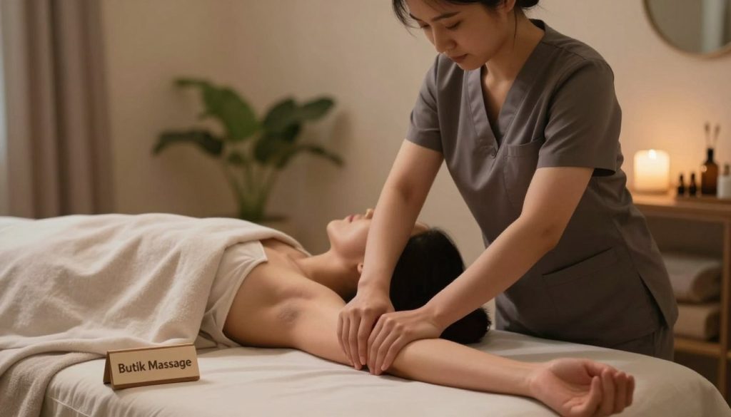 A professional female massage therapist demonstrating manual lymphatic drainage techniques in a serene wellness studio. Foreground: The therapist, wearing a smart casual outfit, is gently massaging a client's arm using soft, rhythmic strokes. Middle: The client, dressed in comfortable, modest attire, appears relaxed on a massage table. Background: Soft, ambient lighting illuminates the room, featuring calming earthy tones and plants for a tranquil atmosphere. A subtle hint of essential oils fills the air, enhancing the soothing mood. The focus is on the therapist's skilled hands and the connection between therapist and client, with a blurred aesthetic to convey motion and an overall sense of relaxation. A small sign in the corner reads "Butik Massage," reinforcing the professional environment. A professional female massage therapist demonstrating manual lymphatic drainage techniques in a serene wellness studio. Foreground: The therapist, wearing a smart casual outfit, is gently massaging a client's arm using soft, rhythmic strokes. Middle: The client, dressed in comfortable, modest attire, appears relaxed on a massage table. Background: Soft, ambient lighting illuminates the room, featuring calming earthy tones and plants for a tranquil atmosphere. A subtle hint of essential oils fills the air, enhancing the soothing mood. The focus is on the therapist's skilled hands and the connection between therapist and client, with a blurred aesthetic to convey motion and an overall sense of relaxation. A small sign in the corner reads "Butik Massage," reinforcing the professional environment.