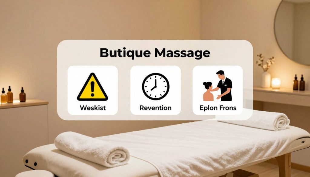 A professional indoor massage environment representing "Butique Massage," highlighting safety tips and warning signs. In the foreground, a well-organized massage table with neatly arranged towels and oils, emphasizing cleanliness. The middle layer features a checklist of warning signs for clients to look out for, depicted as icons like a caution sign, a clock showing delayed service, and a professional consultant observing a client, all presented in a tasteful and clear manner. The background showcases soothing decor with warm lighting, soft-colored walls, and a calming atmosphere, creating a sense of tranquility. Capture the image from a slightly elevated angle to provide a comprehensive view, ensuring that it conveys a message of awareness and safety without including any human subjects prominently or text overlays.