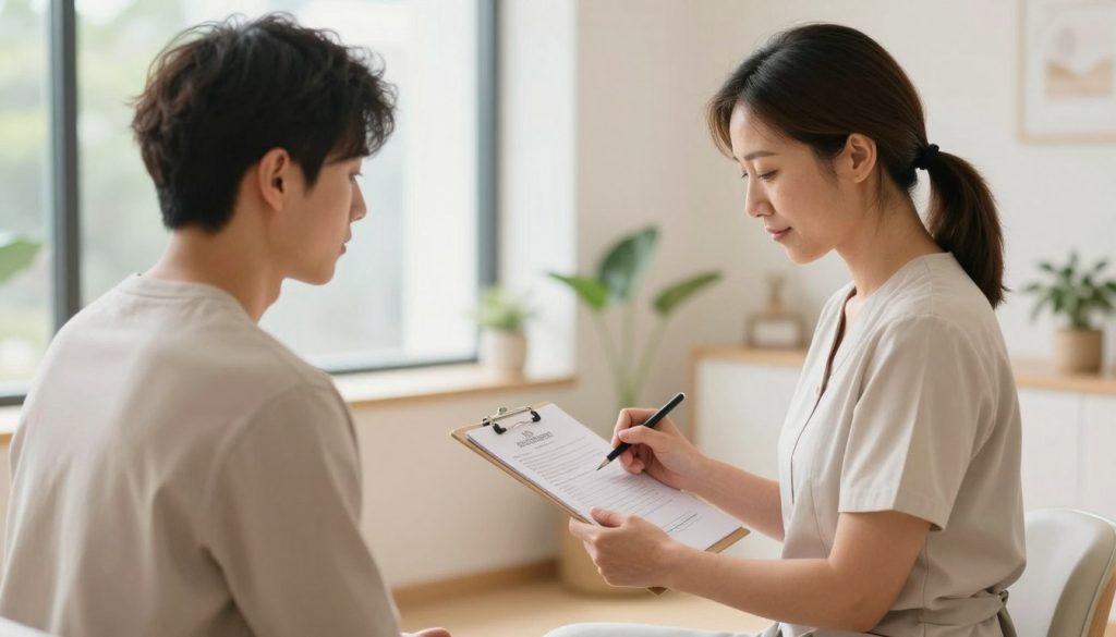 A professional massage therapist in a bright, serene clinic setting, engaged in a consultation with a client. The therapist, a middle-aged woman dressed in modest, professional attire, is reviewing health and safety protocols on a clipboard. The client, a young man in comfortable casual wear, is attentively listening, with a warm and inviting atmosphere accentuated by natural light streaming through large windows. In the background, calming decor featuring plants and soothing colors enhances the tranquil ambiance. The focus is on their attentive interaction, highlighting the importance of health and safety in massage therapy. Create a sense of professionalism and care, representing "Butique Massage" subtly in the environment, like a logo on the clipboard. Use soft, natural lighting with a shallow depth of field for an intimate feel.