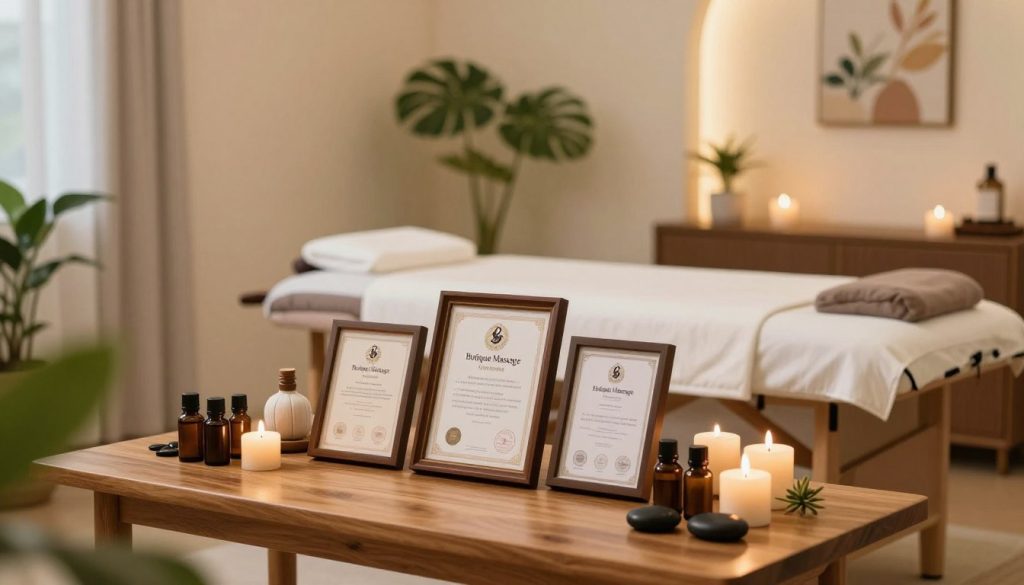 A professional scene depicting a serene massage therapy environment showcasing the credentials and certifications of “Butique Massage”. In the foreground, a neatly arranged wooden table displaying framed certificates, surrounded by essential oils, candles, and soothing stones. The middle ground features a softly lit massage room with calming plants and a massage table with luxurious linens. In the background, warm, ambient lighting highlights calming wall art, creating a tranquil atmosphere. The image has a soft focus, using a 50mm lens depth of field, enhancing the serene mood. Vivid colors of nature accentuate the professionalism of the space, inviting viewers to appreciate the importance of credentials in choosing a therapist. A professional scene depicting a serene massage therapy environment showcasing the credentials and certifications of “Butique Massage”. In the foreground, a neatly arranged wooden table displaying framed certificates, surrounded by essential oils, candles, and soothing stones. The middle ground features a softly lit massage room with calming plants and a massage table with luxurious linens. In the background, warm, ambient lighting highlights calming wall art, creating a tranquil atmosphere. The image has a soft focus, using a 50mm lens depth of field, enhancing the serene mood. Vivid colors of nature accentuate the professionalism of the space, inviting viewers to appreciate the importance of credentials in choosing a therapist.