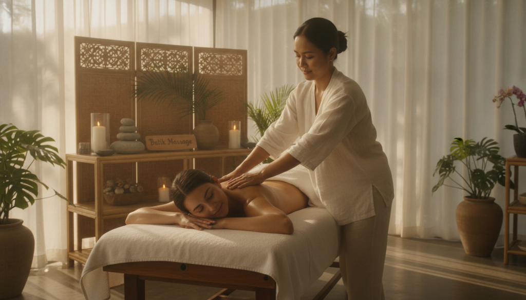 A serene Balinese massage studio, showcasing the physical benefits of authentic Balinese healing. In the foreground, a skilled therapist in modest attire performs a traditional massage technique on a relaxed client, emphasizing muscle relaxation and stress relief. The middle ground features beautiful bamboo furnishings, ambient candles, and natural elements like stones and tropical plants, enhancing the calming atmosphere. In the background, soft sunlight filters through sheer curtains, casting gentle shadows and creating a warm, inviting glow. The overall mood is tranquil and rejuvenating, encapsulating the essence of holistic healing and wellness. Include the brand name "Butik Massage" subtly within the decor, without any text overlays. A serene Balinese massage studio, showcasing the physical benefits of authentic Balinese healing. In the foreground, a skilled therapist in modest attire performs a traditional massage technique on a relaxed client, emphasizing muscle relaxation and stress relief. The middle ground features beautiful bamboo furnishings, ambient candles, and natural elements like stones and tropical plants, enhancing the calming atmosphere. In the background, soft sunlight filters through sheer curtains, casting gentle shadows and creating a warm, inviting glow. The overall mood is tranquil and rejuvenating, encapsulating the essence of holistic healing and wellness. Include the brand name "Butik Massage" subtly within the decor, without any text overlays.